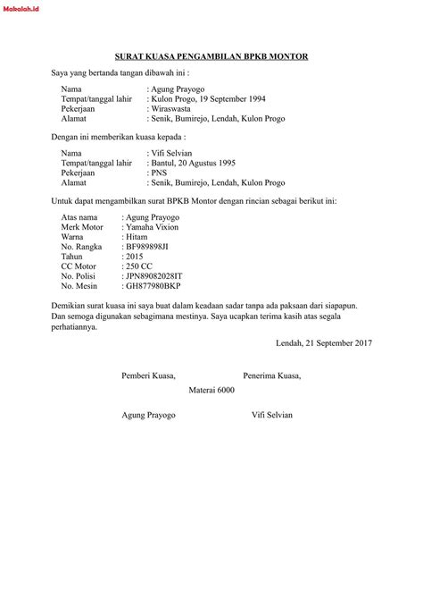 Dalam contoh surat kuasa pengambilan bpkb, harus tercantum informasi pemberi kuasa. Makalah.id - Sudah tahu tentang apa contoh surat kuasa ...