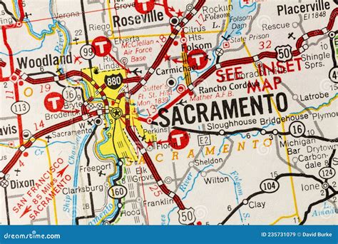 Sacramento City California Road Trip Map Closeup Stock Image Image Of