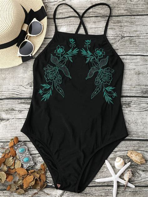 Embroidered Lace Up Cross Back Swimsuit Swimsuits Swimwear Fashion