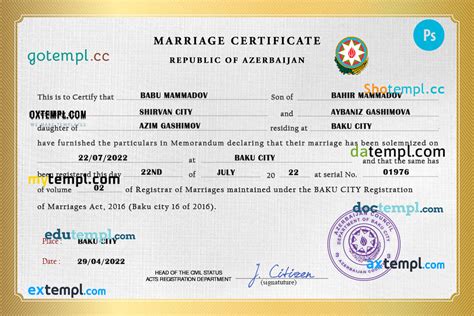 azerbaijan marriage certificate psd template completely editable gotempl templates with