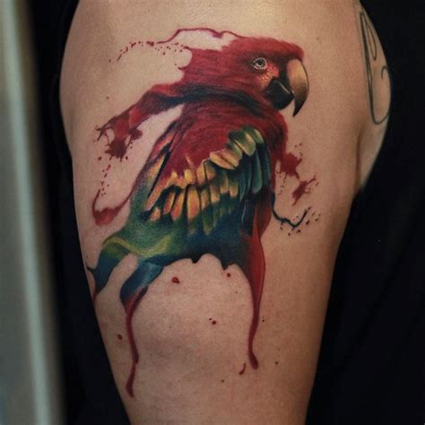 Watercolor Style Colored Shoulder Tattoo Of Funny Parrot Tattooimagesbiz