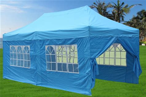 The spring pin frame and elastic ball straps allow for fast and easy assembly. 10 x 20 Pop Up Tent Canopy Gazebo w/ 6 Sidewalls - 9 Colors