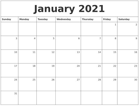 January 2021 Monday Through Sunday Calendar Example Calendar Printable