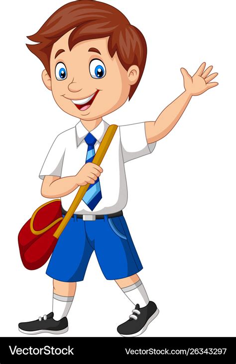 Cartoon School Boy In Uniform Waving Hand Vector Imag