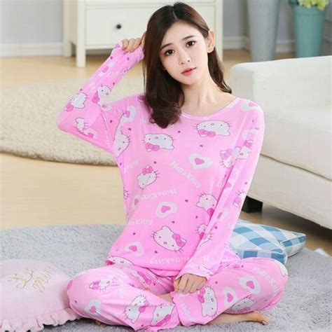 Hello Kitty Women Pajamas Set Long Sleeve Round Neck Sleepwear Pink Pyjama 2021 Ebay In 2021