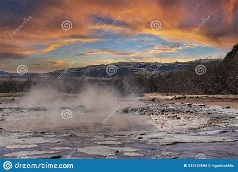 Smoke Emitting From Geothermal Field At Smidur Geyser Valley Against