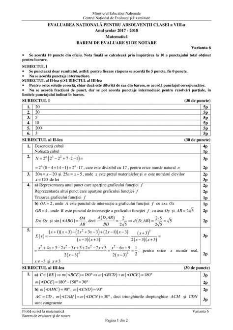 Barem Matematica 2018 Evaluare Nationala Rezolvările La Mate Varianta 6