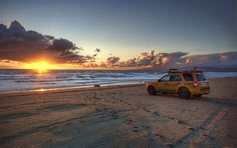 Beach Sunset Sea Clouds Car Wallpapers Hd Desktop