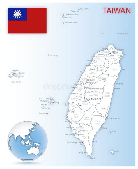 Mapa Administrativo Detallado De Taiw N Con Bandera Del Pa S Y Ubicaci N En Un Globo Azul Stock