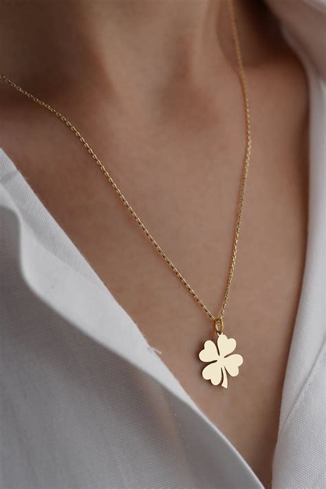 K Solid Gold Four Leaf Clover Necklace Leaf Clover Etsy