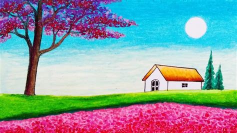 How To Draw Easy Scenery Of Spring Season House Simple Cherry Blossom