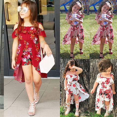 Floral Print Toddler Kids Baby Girls Clothes Off Shoulder Strap Ruffle