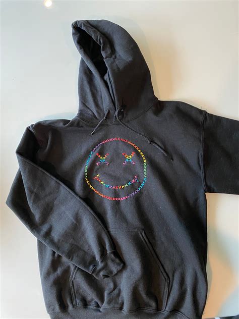 Rainbow Embroidered Smiley Face Hoodie Etsy