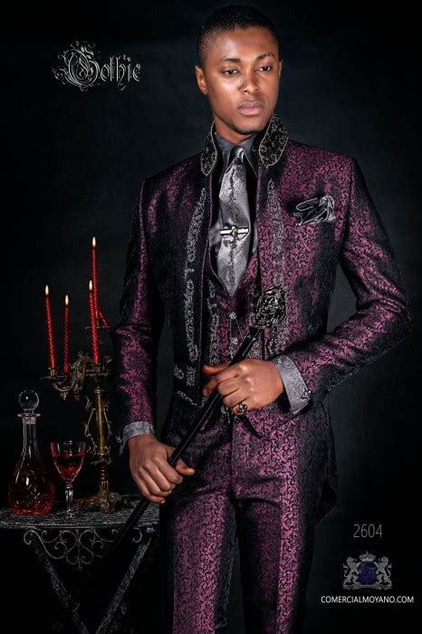 Baroque Purple Jacquard Tailcoat With Silver Embroidery And Mao Collar 2604