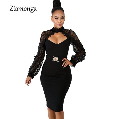 Ziamonga Sexy Spring Mesh Long Sleeve Sequin Dress Women Belted Black Bodycon Dress Nightclub