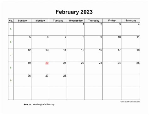 Download February 2023 Blank Calendar With Us Holidays Horizontal