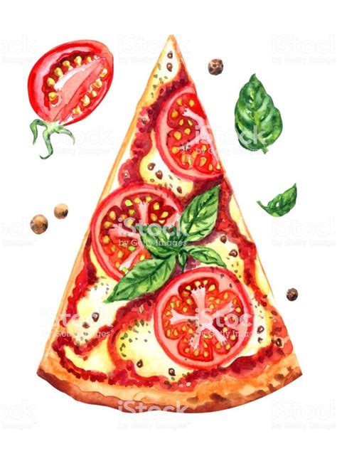 Pizza Margherita With Tomatoes And Basil Watercolor Illustration On