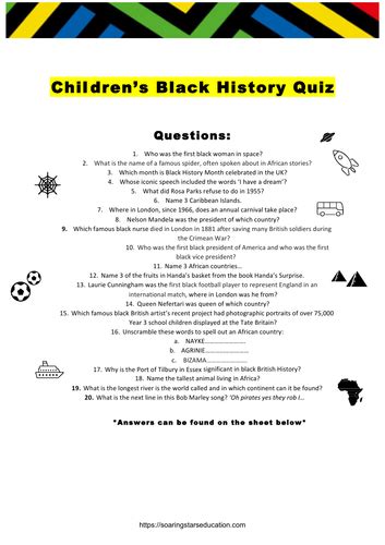 Black History Month Quiz For Kids Ks2 Ks3 Gcse Teaching Resources