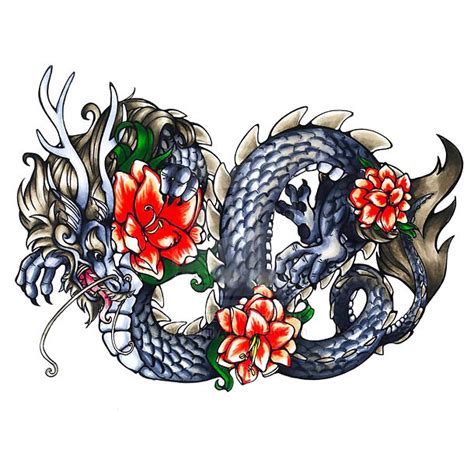 Chinese Dragon With Flowers Tattoo Design