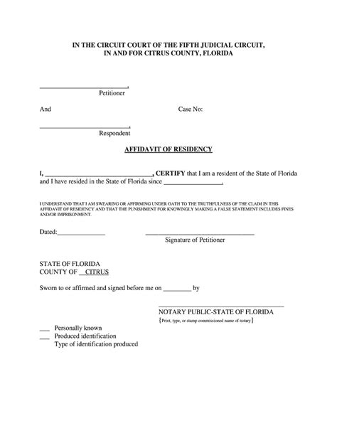 Fl Affidavit Of Residency Citrus County Complete Legal Document