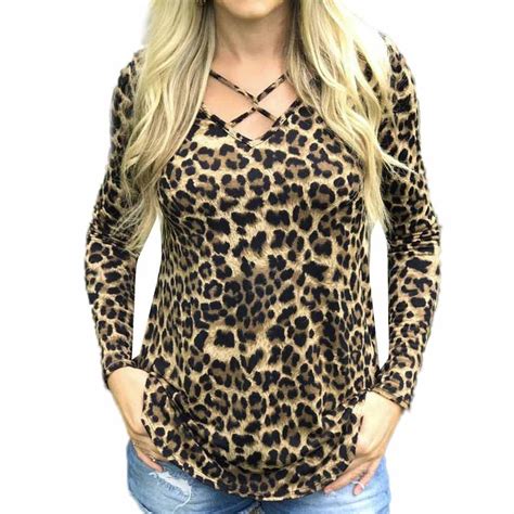 Buy Womens New Autumn Sexy V Neck Leopard Long Sleeve Casual Loose Tops Ladies