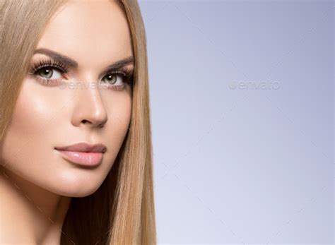 Beautiful Woman Blond With Long Hair Natural Makeup And Healthy Skin