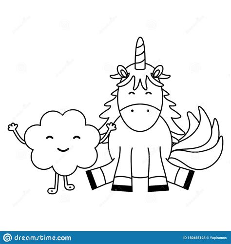 Cute Adorable Unicorn And Clouds Kawaii Fairy Characters Stock Vector