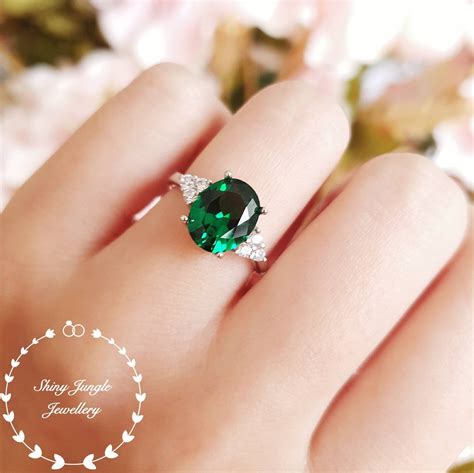 3 Carats Oval Emerald Ring Three Stone Emerald Engagement Ring White