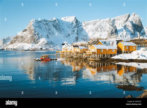 Scenic Lofoten Islands Archipelago Winter Scenery With Traditional