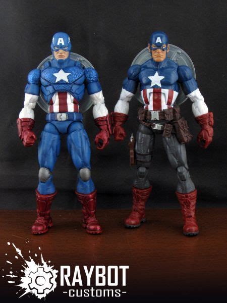 Two Action Figures Are Posed On A Wooden Table One Is Captain America