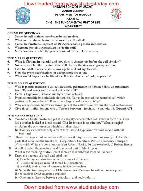 Cbse Class 9 Science Worksheet Fundamental Unit Of Life Pdf Cell