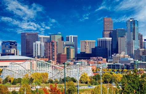 Denver Denver Colorado Wolkenkratzer Schnee Sehnt Sich Peak Und Die
