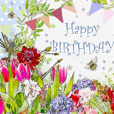 Pretty Happy Birthday Card Spring Flowers With Bee