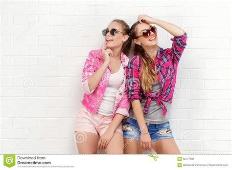 Two Friends Posing Modern Lifestyle Two Stylish Hipster Girls Best Friends Ready For Party