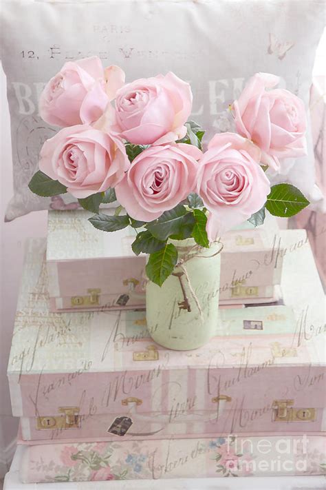 Dreamy Shabby Chic Cottage Pink Teal Romantic Floral Bouquet Roses In Ball Jar Shabby Chic