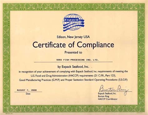 Certificate of Compliance Expack Seafood - Sobi Fish