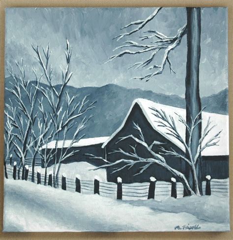 Black And White Winter Barn In The Snow Original Acrylic Etsy
