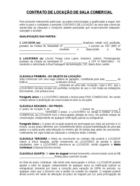 Contratodelocacaodesalacomercialdoc Aluguel Informação