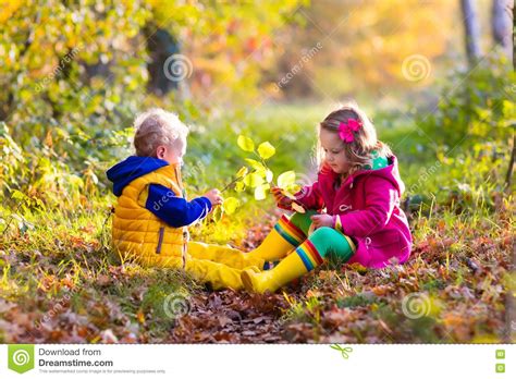 Kids Playing In Autumn Park Stock Image Image Of Blue Childhood
