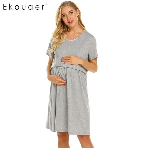 Ekouaer Women Nightgowns Soft Cotton Sleepwear Dress Casual Short Sleeve Two Layers Maternity