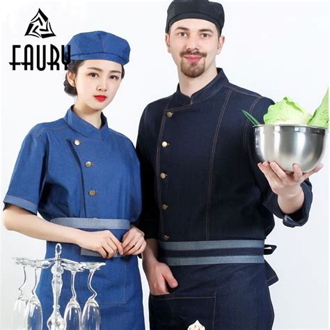 Viaoli Denim Fabric Chef Jackets Restaurant Uniforms Shirts Long