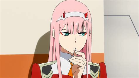 Darling In The Franxx Zero Two Hiro Zero Two With Pink Hair And Green