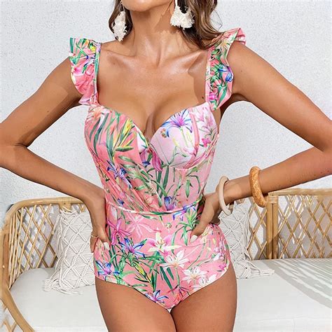 Floral Print One Piece Swimsuit And Mesh Splicing Sarong Flaxmaker