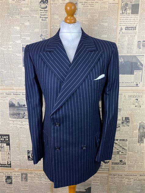 Vintage Gieves Navy Chalk Stripe Double Breasted Suit Size 40