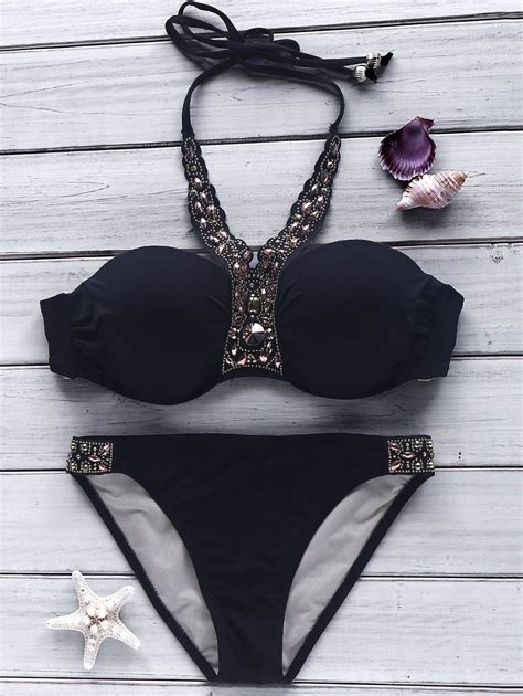 trendy halter push up beaded backless bikini set for women embellished bikini bikinis black