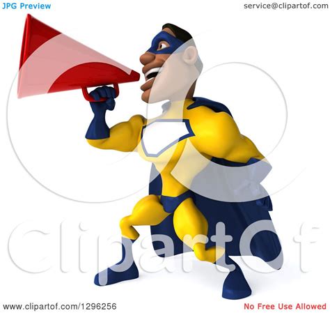 Clipart Of A 3d Muscular Black Male Super Hero In A Yellow And Blue