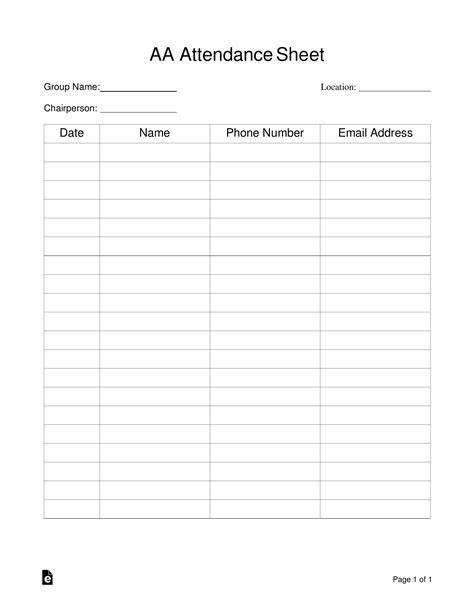 Free Alcoholics Anonymous Aa Sign In Attendance Sheet Template For