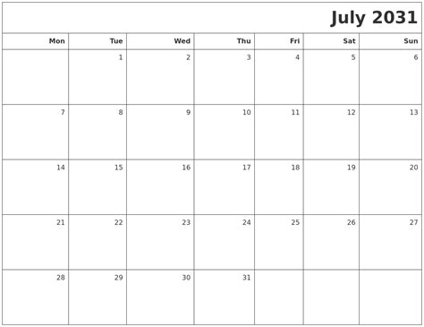 July 2031 Printable Blank Calendar