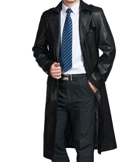 Mens Button Closure Belted Black Leather Trench Coat Jackets Creator