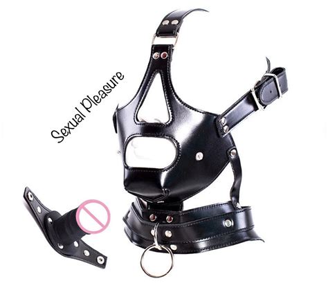 black leather bondage bdsm fetish head hood mask with mouth dildo sex toy restraints cuffs